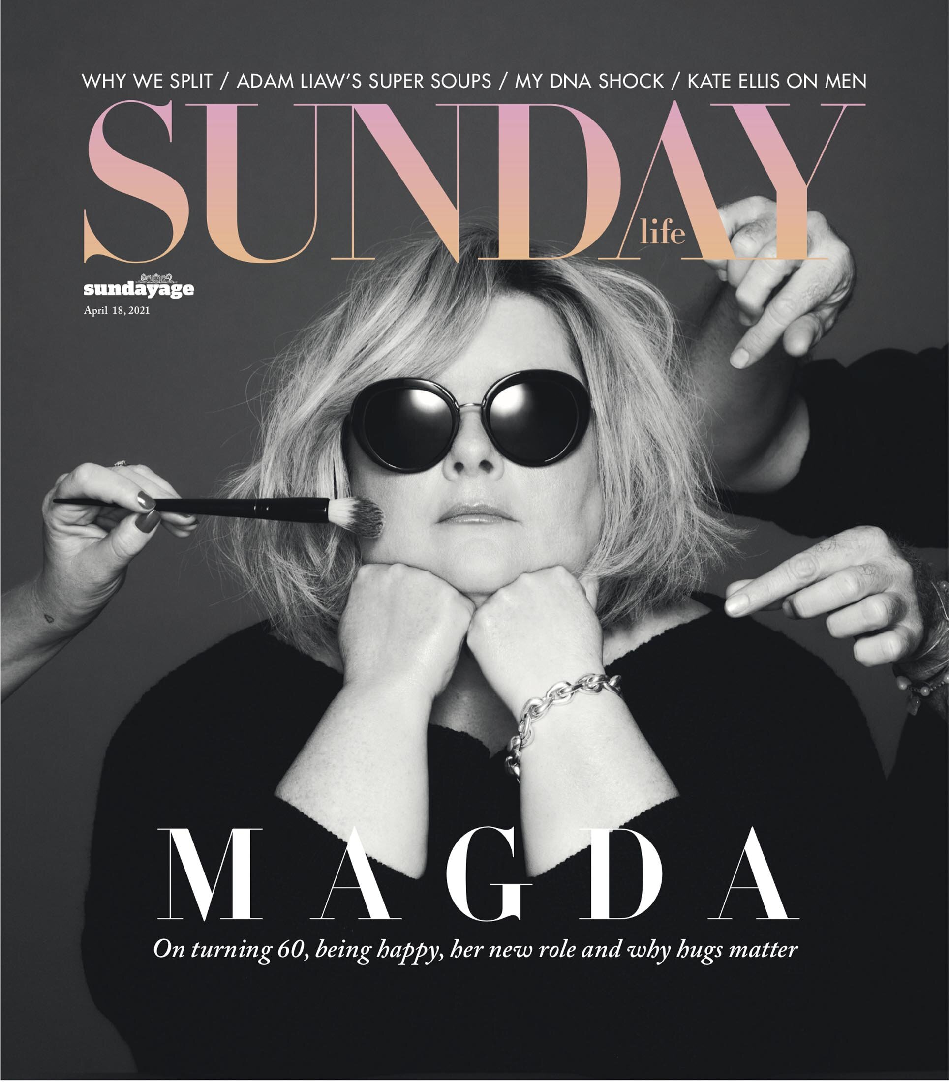 Magazine cover featuring woman with sunglasses having makeup applied. "Sunday Life" text. Posing female celebrity in black and white.